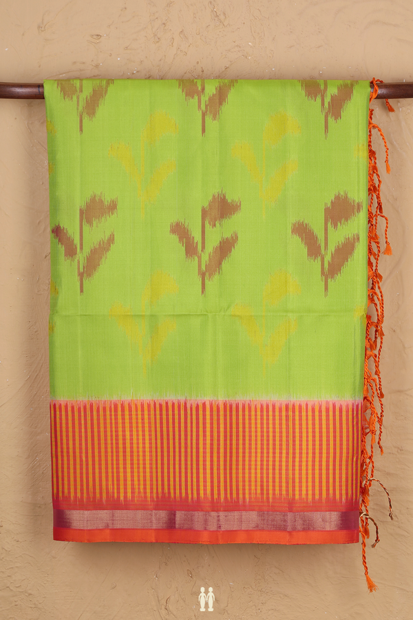 Soft Silk Saree In Parrot Green With Ikat Motifs