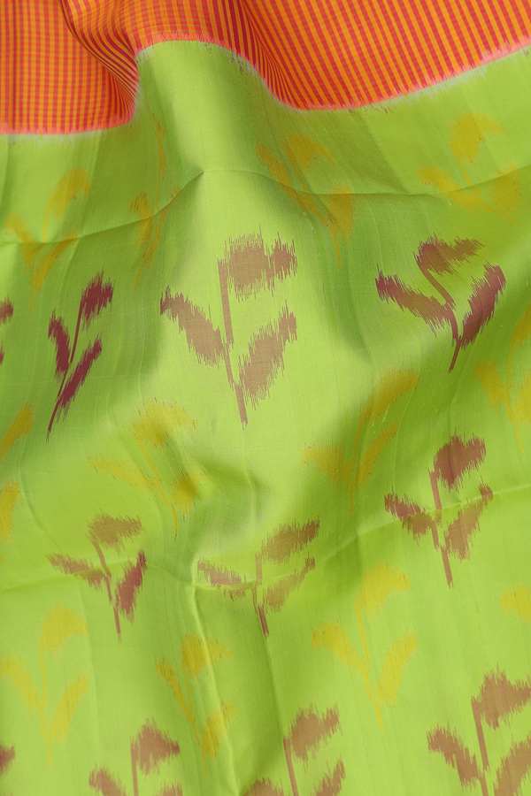 Soft Silk Saree In Parrot Green With Ikat Motifs