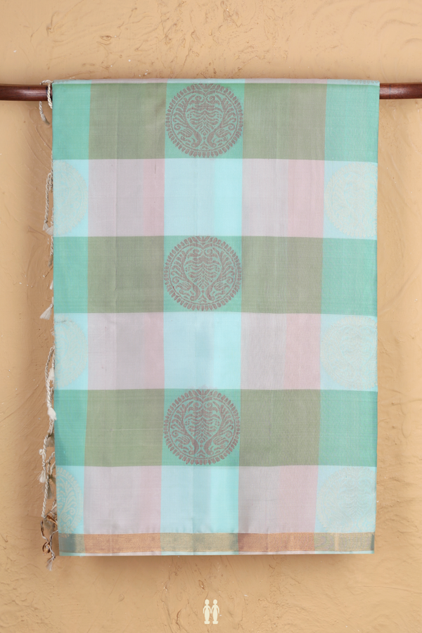 Soft Silk Saree In Green And Grey With Checks Design