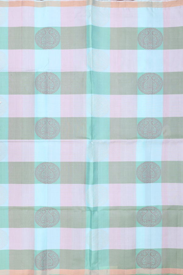 Soft Silk Saree In Green And Grey With Checks Design