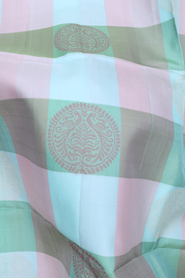 Soft Silk Saree In Green And Grey With Checks Design