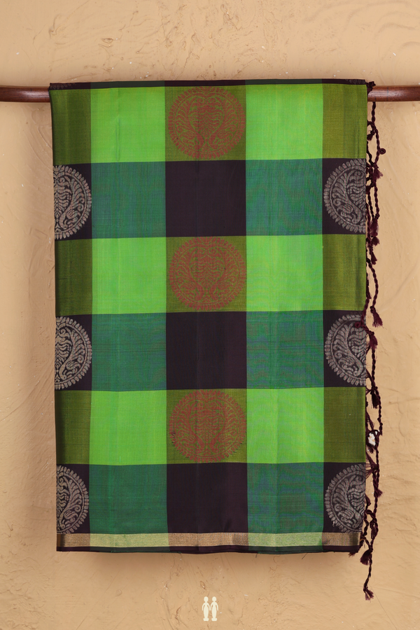 Soft Silk Saree In Green And Brown With Checks Design