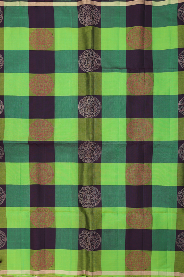 Soft Silk Saree In Green And Brown With Checks Design