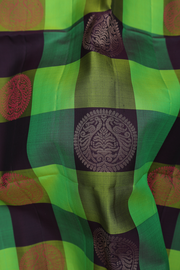 Soft Silk Saree In Green And Brown With Checks Design