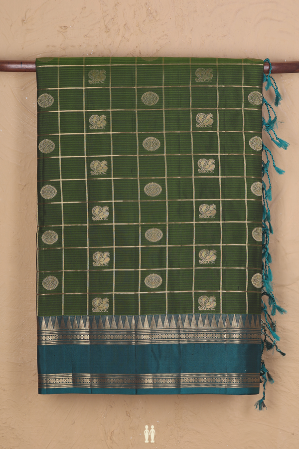 Soft Silk Saree In Green With Checks Design