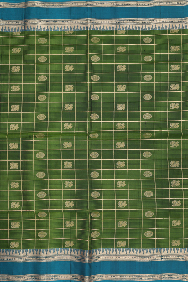 Soft Silk Saree In Green With Checks Design