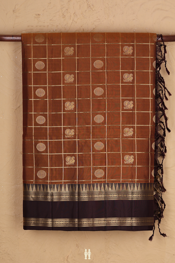 Soft Silk Saree In Brown With Checks Design