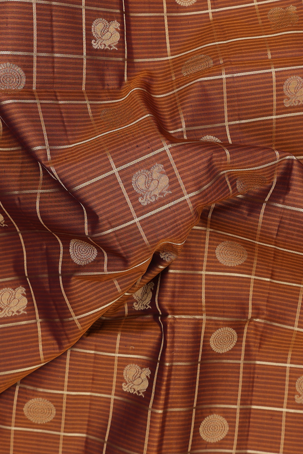 Soft Silk Saree In Brown With Checks Design