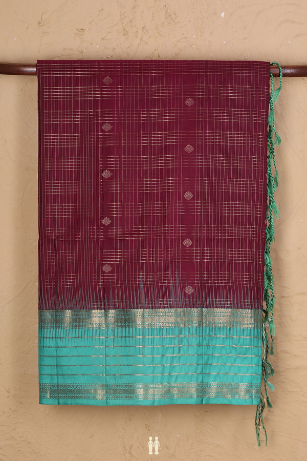 Soft Silk Saree In Burgundy Red With Checks Design