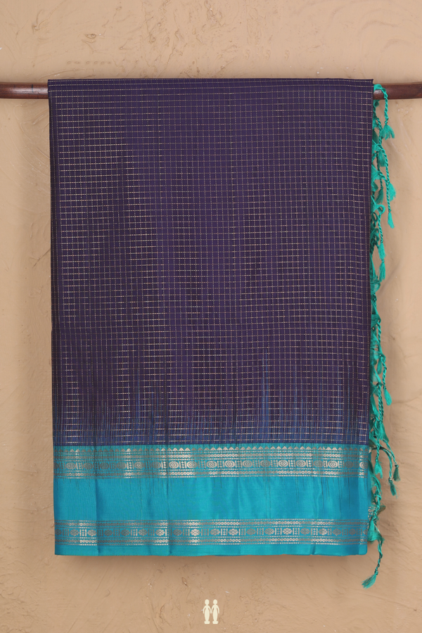 Soft Silk Saree In Navy Blue With Checks Design