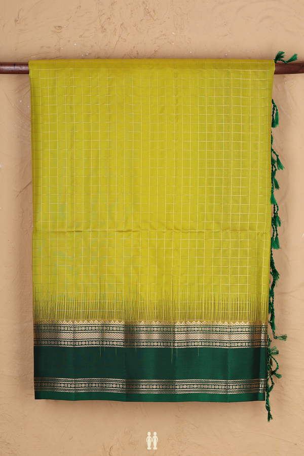 Soft Silk Saree In Olive Yellow With Checks Design
