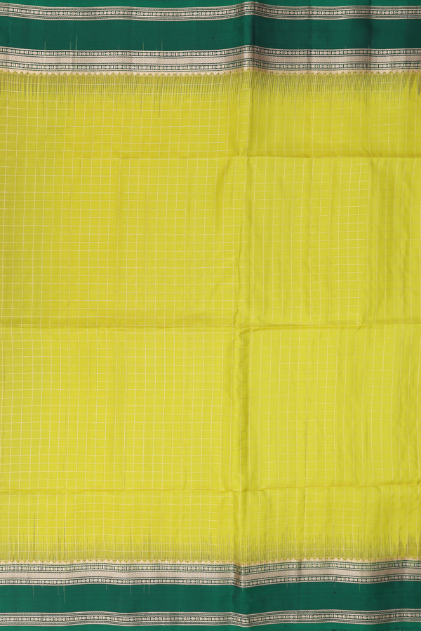 Soft Silk Saree In Olive Yellow With Checks Design