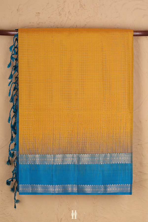 Soft Silk Saree In Saffron Yellow With Checks Design