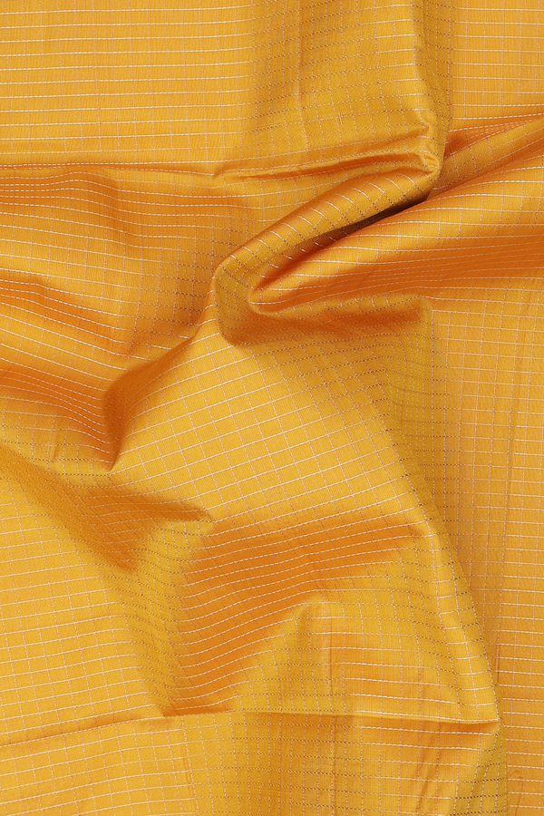 Soft Silk Saree In Saffron Yellow With Checks Design