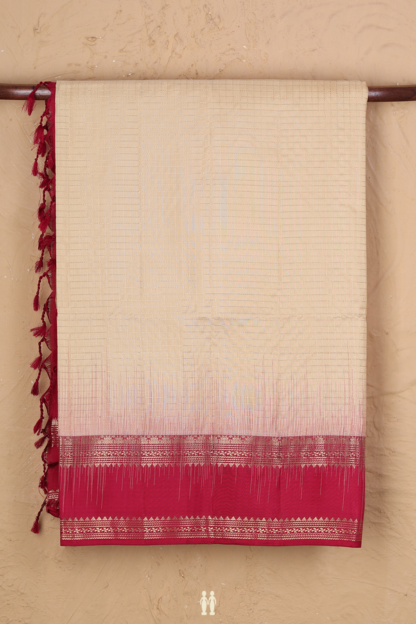 Soft Silk Saree In Cream Color With Checks Design