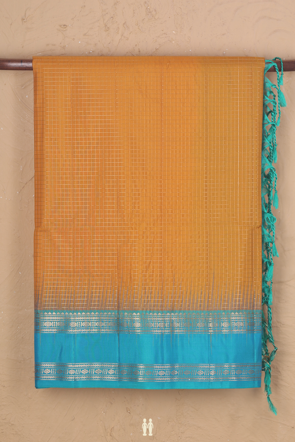 Soft Silk Saree In Saffron Yellow With Checks Design