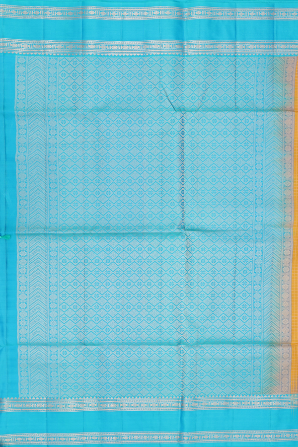 Soft Silk Saree In Saffron Yellow With Checks Design