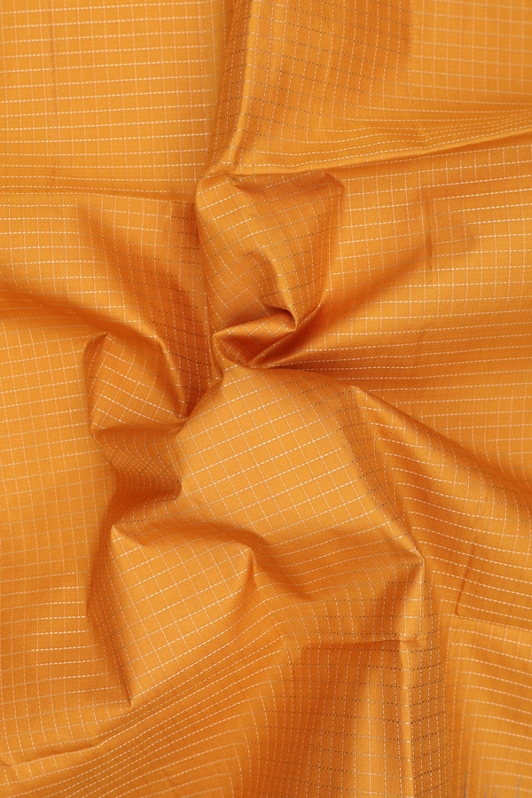 Soft Silk Saree In Saffron Yellow With Checks Design