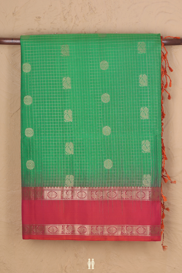 Soft Silk Saree In Green With Checks Design