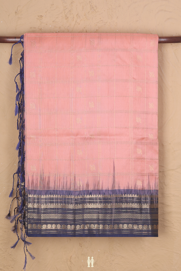 Soft Silk Saree In Peach With Checks Design