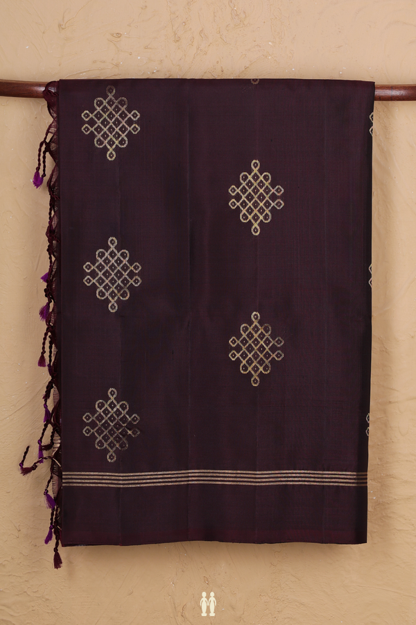 Soft Silk Saree In Dark Brown With Kolam Buttas