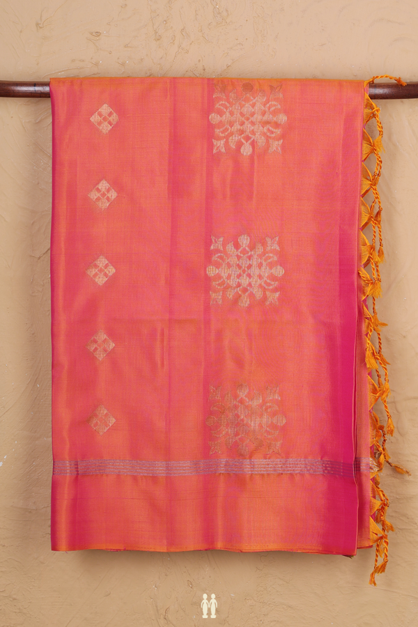 Soft Silk Saree In Coral Pink With Zari Buttas