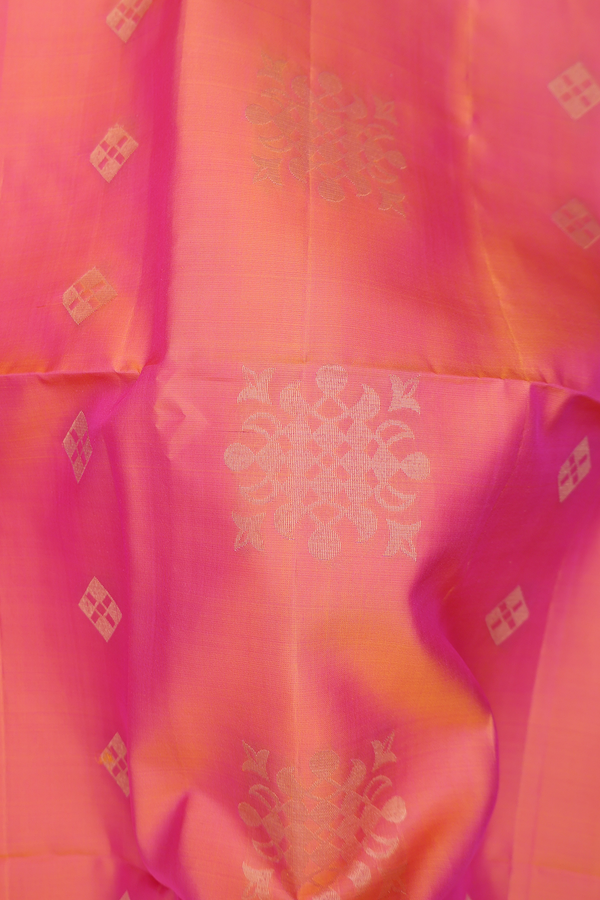 Soft Silk Saree In Coral Pink With Zari Buttas