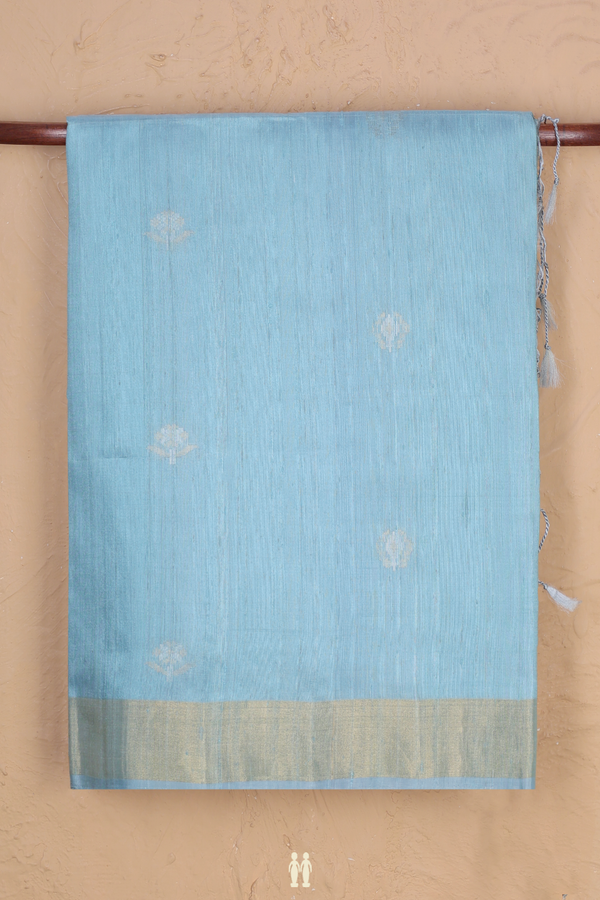 Raw Silk Saree In Blue With Floral Buttas