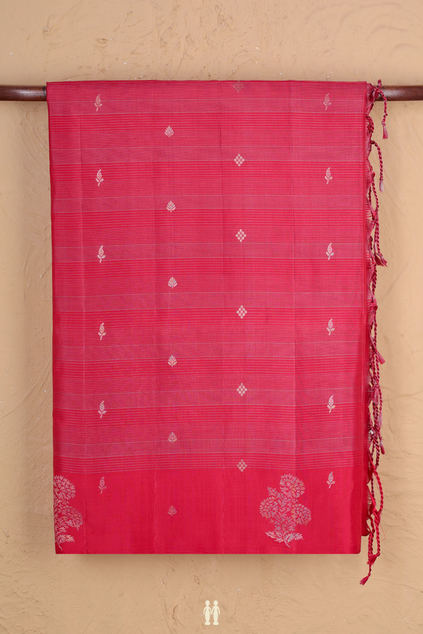 Soft Silk Saree In Scarlet Red Along Stripes With Buttas