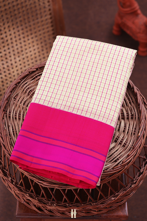Kanchipuram Silk Saree In Cream Color With Checks Design