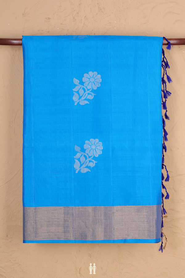 Soft Silk Saree In Deep Sky Blue With Floral Motifs
