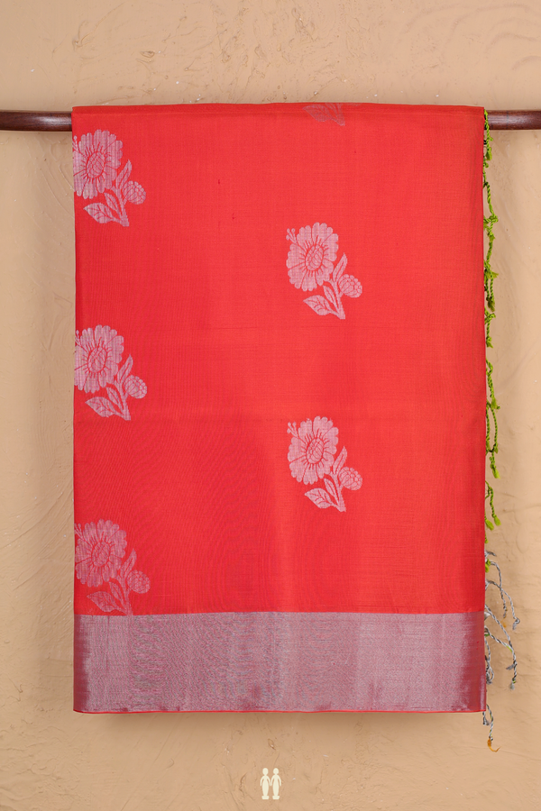 Soft Silk Saree In Vermillion Reddish Orange With Floral Motifs