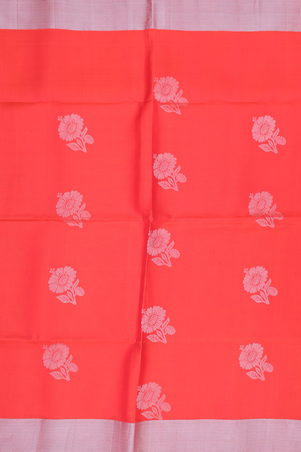 Soft Silk Saree In Vermillion Reddish Orange With Floral Motifs