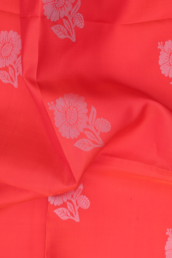 Soft Silk Saree In Vermillion Reddish Orange With Floral Motifs