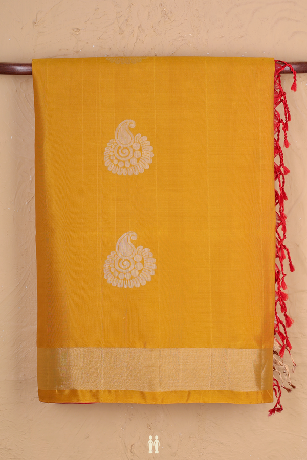 Soft Silk Saree In Mustard Yellow With Zari Motifs
