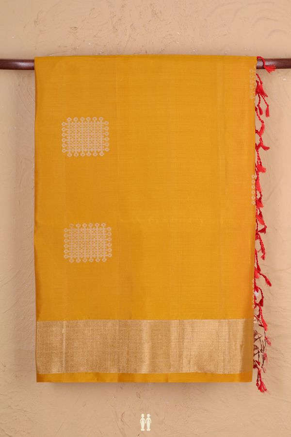Soft Silk Saree In Marigold Yellow With Kolam Motifs
