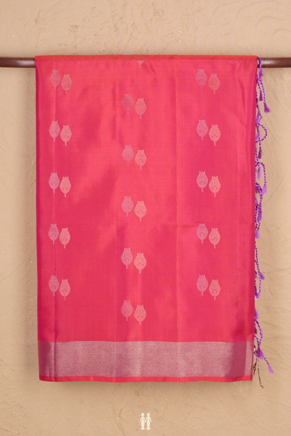 Soft Silk Saree In Coral Pink With Zari Buttas