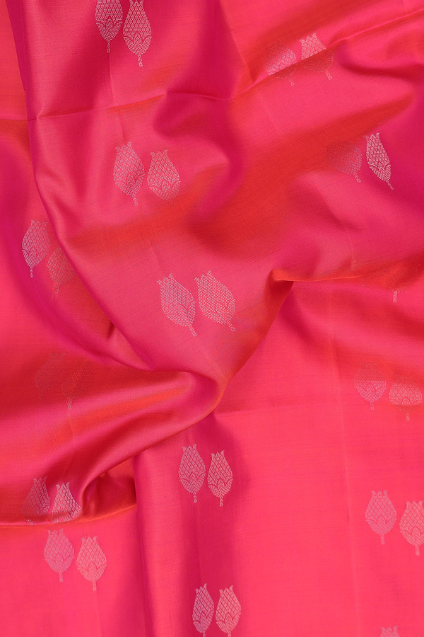 Soft Silk Saree In Coral Pink With Zari Buttas