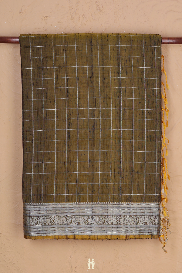Raw Silk Saree In Mehendi Green With Checks Design