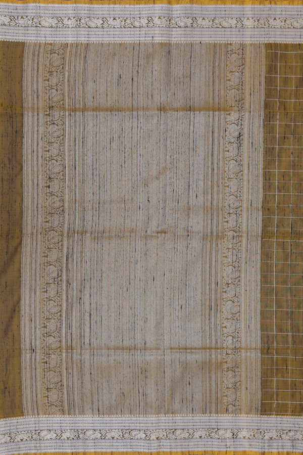 Raw Silk Saree In Mehendi Green With Checks Design