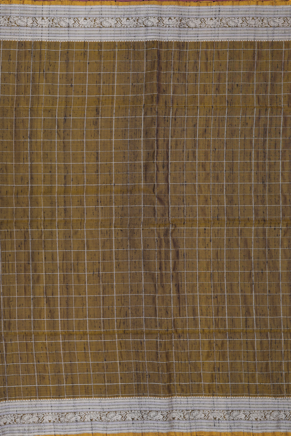 Raw Silk Saree In Mehendi Green With Checks Design