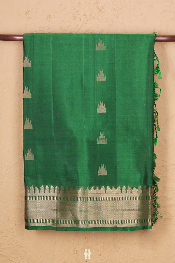 Soft Silk Saree In Emerald Green With Temple Buttas