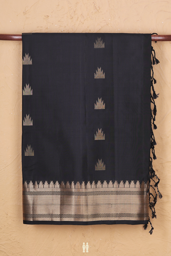 Soft Silk Saree In Black With Temple Buttas