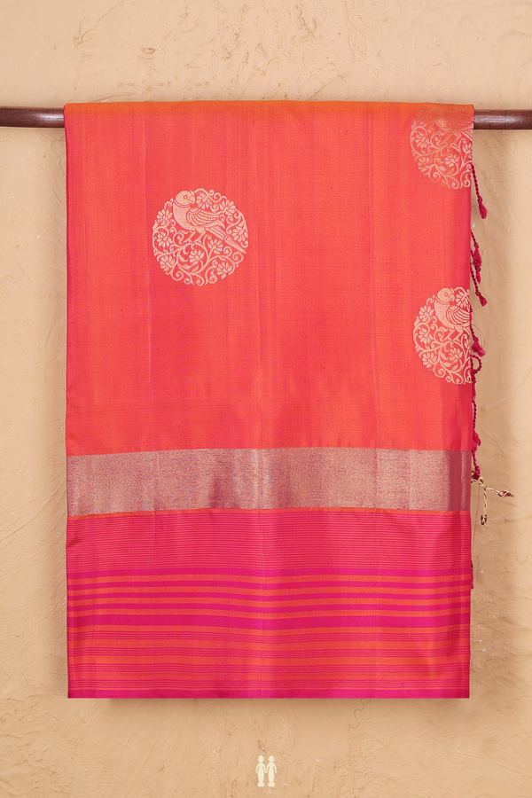 Soft Silk Saree In Coral Pink With Zari Motifs
