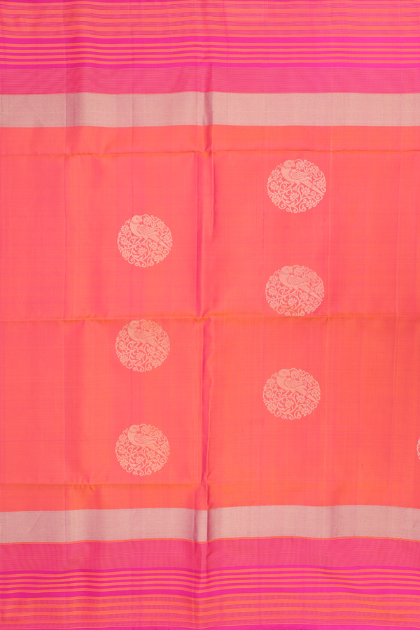 Soft Silk Saree In Coral Pink With Zari Motifs