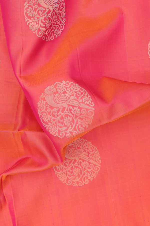 Soft Silk Saree In Coral Pink With Zari Motifs
