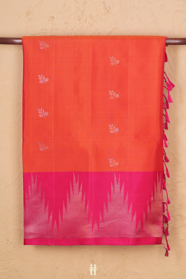 Soft Silk Saree In Royal Orange With Leaf Buttas