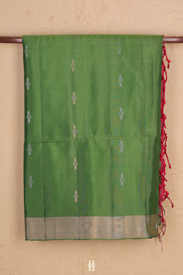 Soft Silk Saree In Fern Green With Zari Buttas