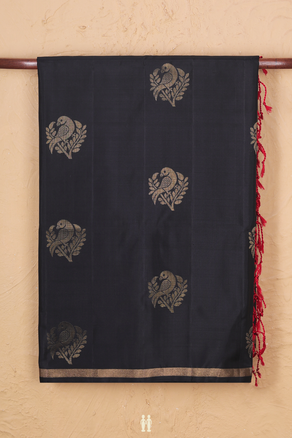Soft Silk Saree In Black With Parrot Motifs