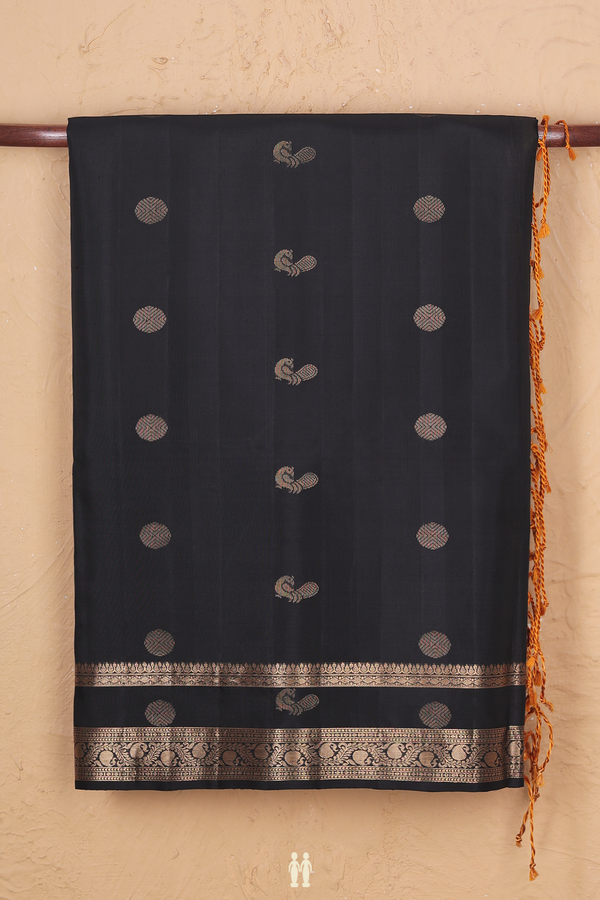 Soft Silk Saree In Black With Peacock Buttas